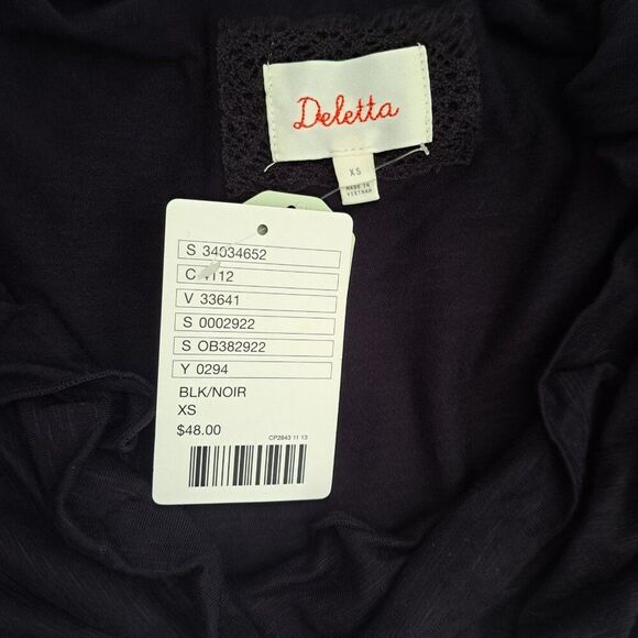 Deletta Anthropologie Women's 3/4 Sleeve Black Boat Neck Ruche Rayon Sz XS - Picture 6 of 8